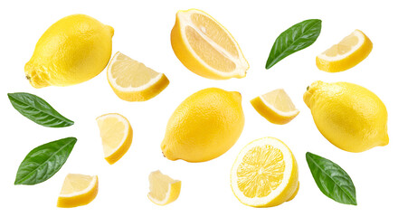 sliced lemon with leaves isolated on white background. clipping path