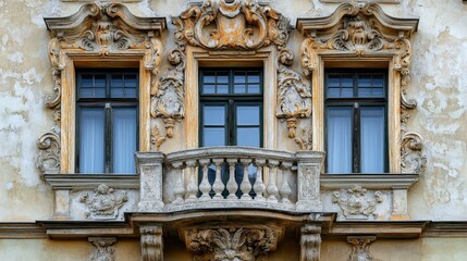 Baroque architectural facade with ornate windows and decorative balcony details