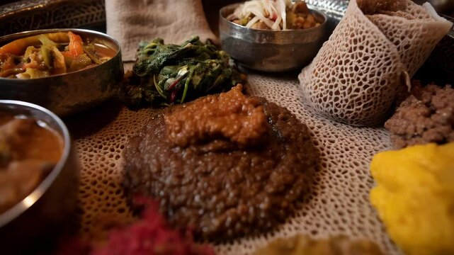 Ethiopian cuisine platter with various stews, vegetables, and injera bread arranged on a traditional metallic tray, showcasing a cultural dining experience