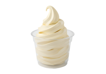 swirl of creamy vanilla soft serve ice cream in plastic cup isolated on transparent background Generative Ai.
