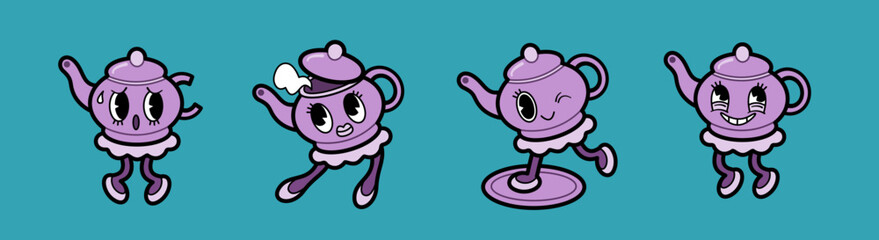 Set of cute purple teapot cartoon characters in retro rubber hose style. Each teapot has a different facial expression and pose, perfect for children&rsquo;s content, animation projects, mascots, or whimsic