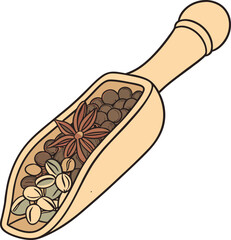 a wooden spoon filled with an assortment of aromatic spices