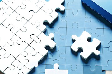 Fototapeta premium White Jigsaw Puzzle Pieces on a Blue Background with a Tablet