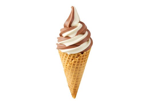 chocolate and vanilla swirl soft serve ice cream in waffle cone isolated on transparent background Generative Ai.
