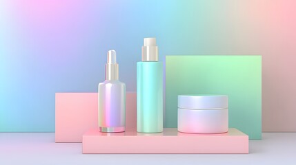 Pastel skincare product packaging displayed on a softly gradient surface showcasing various cosmetic containers in soft hues