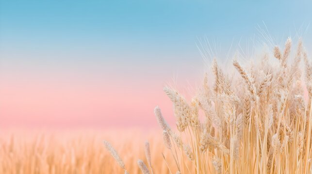 Pastel wheat field with soft gradient sky at sunrise highlighting golden stalks in serene rural landscape
