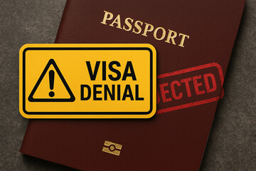 A close-up of a passport marked with a visa denial sign, illustrating the frustration and obstacles faced during international travel.