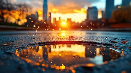 A city reflected upside down in the ripples of a puddle, blending with the cloudy sky