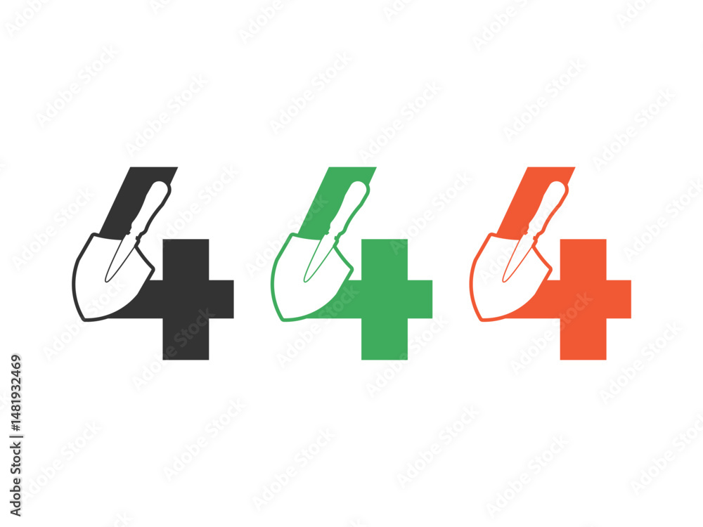 Poster initials number 4 shovel tool symbol icon design vector isolated on transparent background