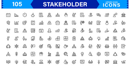 Stakeholder Management Icons for Business and Project Strategy. A professional collection of vector symbols representing roles, interests, and influence.