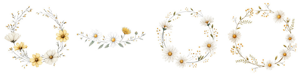 Delicate floral wreaths featuring intricate daisies and vibrant yellow blossoms, perfect for wedding invitations, stationery, and decorative designs highlighting nature's beauty and elegance