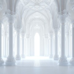 Naklejka premium Elegant white interior with tall, luminous columns.