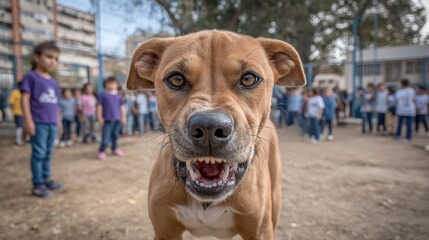 Fierce expression of an angry stray dog snarling outdoors in an urban setting with onlookers in background