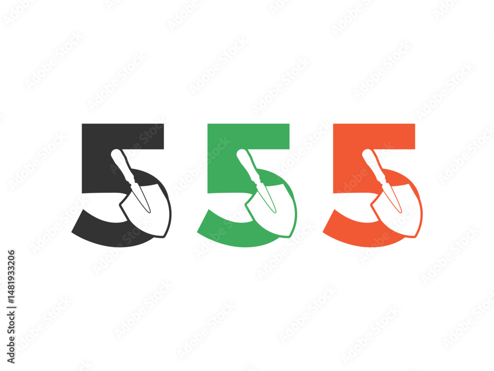 Aufkleber initials number 5 shovel tool symbol icon design vector isolated on transparent background