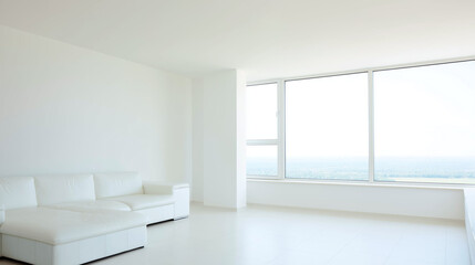 Fototapeta premium Bright minimalist living room with clean modern furniture and soft natural light, embodying serene Scandinavian simplicity.