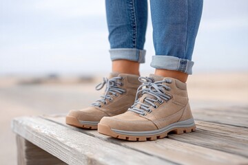 Naklejka premium Stylish casual footwear for outdoor adventures featuring durable beige boots on wooden boardwalk