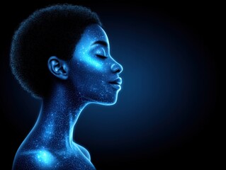 Obraz premium Ethereal female figure illuminated with cosmic light, highlighting beauty in digital abstraction and the profound connection to the universe reflecting inner strength and resilience