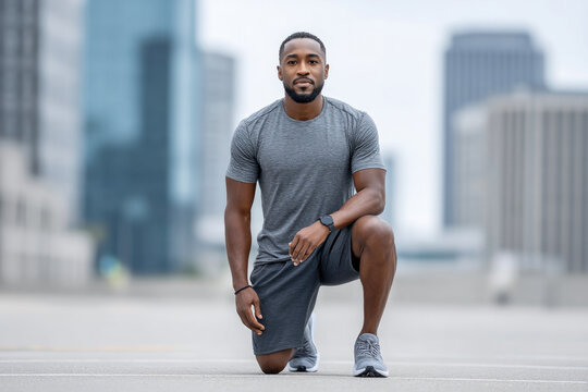 Minimalist urban fitness portrait of a lean athlete kneeling outdoors in gray outfit