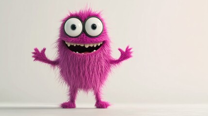 Fototapeta premium A cheerful, pink, furry creature with large eyes and a wide grin, standing on two feet with its arms outstretched