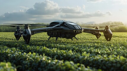 Modern drone hovering over a lush field of plants.