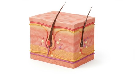 Detailed 3D Model of Human Skin Cross Section Revealing Hair Follicles and Underlying Layers
