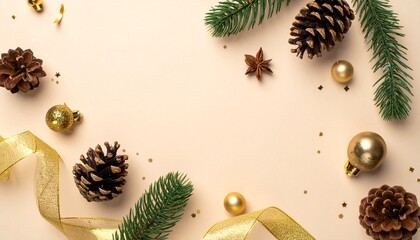 Elegant christmas decorations arrangement with pinecones golden ornaments and festive ribbon on beige background