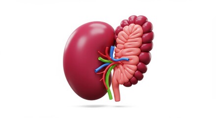 Detailed 3D Render of Human Kidney Anatomy with Vessels and Ureter