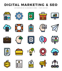 Digital Marketing & SEO Lineal Color icons collection. 25 icon set. Vector illustration.