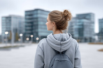 Fototapeta premium Young woman walking in modern urban environment observing cityscape for inspiration