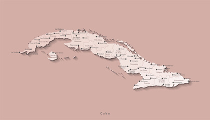 Vector illustration. Simplified geographical map of Cuba in beige colors. Brown background. Names of cities and provinces.