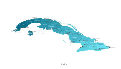 Vector isolated illustration. Simplified geographical map of Cuba in blue colors. White background. Names of cities and provinces.