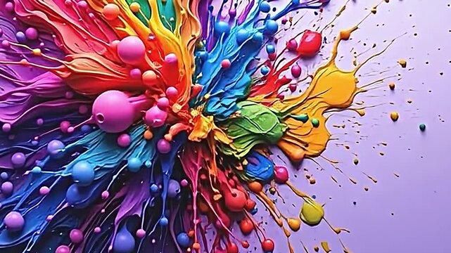 vibrant dynamic visual composition that appears to created using digital art techniques. It features burst of colorful fluid-like shapes resembling paint splashes spectrum of hues ranging...