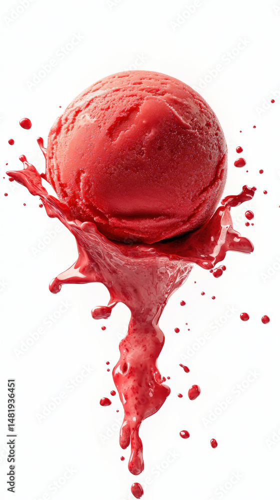 Poster red ice cream splash design. a vibrant scoop of red ice cream is captured in a dynamic splash agains
