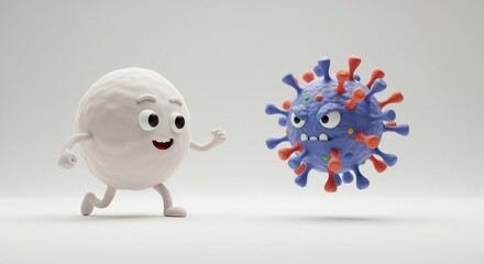 Cartoon Cell Confronting an Angry Virus: A 3D Rendered Illustration
