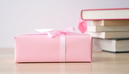 Fototapeta premium Pink gift box with ribbon and a stack of books on a wooden surface
