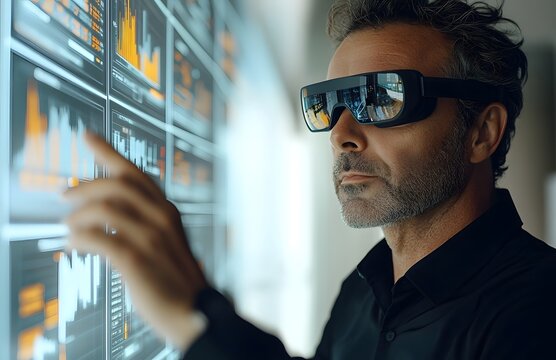 A man wearing augmented reality glasses looking at a wall of data screens
