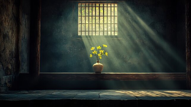 Sunlight streams through barred window, illuminating a vase of yellow flowers