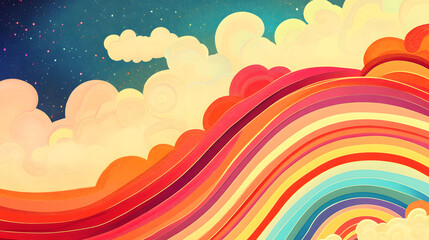 A vibrant, colorful abstract illustration of a rainbow arching through fluffy clouds against a starry sky.