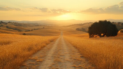 Golden field road at sunset