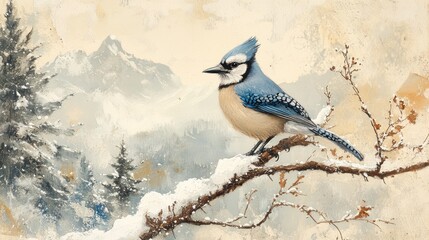 Blue Jay on Snowy Branch Winter Landscape Painting