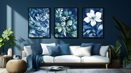 Elegant living room with a white floral artwork and blue accents, creating a serene and inviting atmosphere.