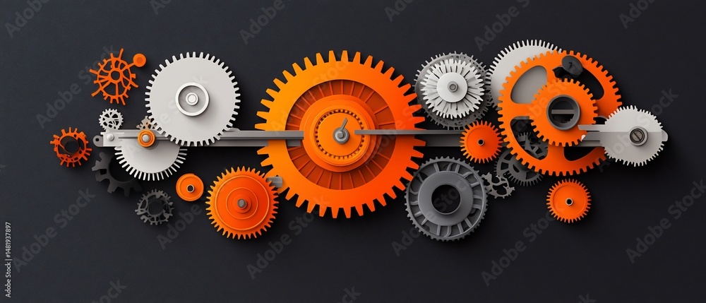 Poster a complex mechanical assembly of gears in various sizes and colors on a dark background