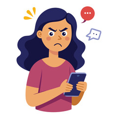 Angry woman online, texting hate comment on mobile phone. Aggressive person with smartphone, chatting in social media, internet conflict. Flat vector illustration isolated on white background 