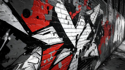 Fototapeta premium Vibrant urban graffiti art on a brick wall, showcasing striking red and black elements in a dynamic street setting.