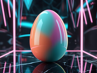 Modern easter egg with colorful gradient and neon pink lights in a futuristic setting