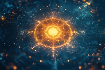 Futuristic glowing digital circuit design.