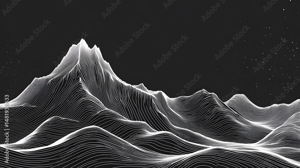 Poster a striking black and white visualization of mountain ranges with flowing line patterns, creating a d