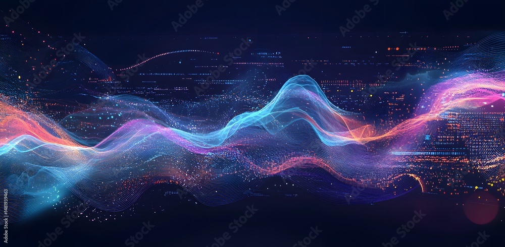 Poster a vibrant and dynamic digital sound wave with a beautiful and intricate pattern of colorful lines on