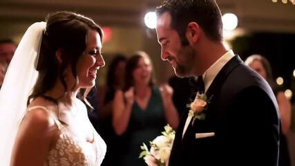 Love, music and a wedding, a couple dancing at their reception, celebrating with friends and family. Marriage, dance and a dj, man and woman with bouquet of flowers on dance floor, happy and smiling - Powered by Adobe