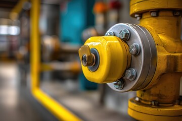 Close up Yellow Industrial Valve With Metal Connections